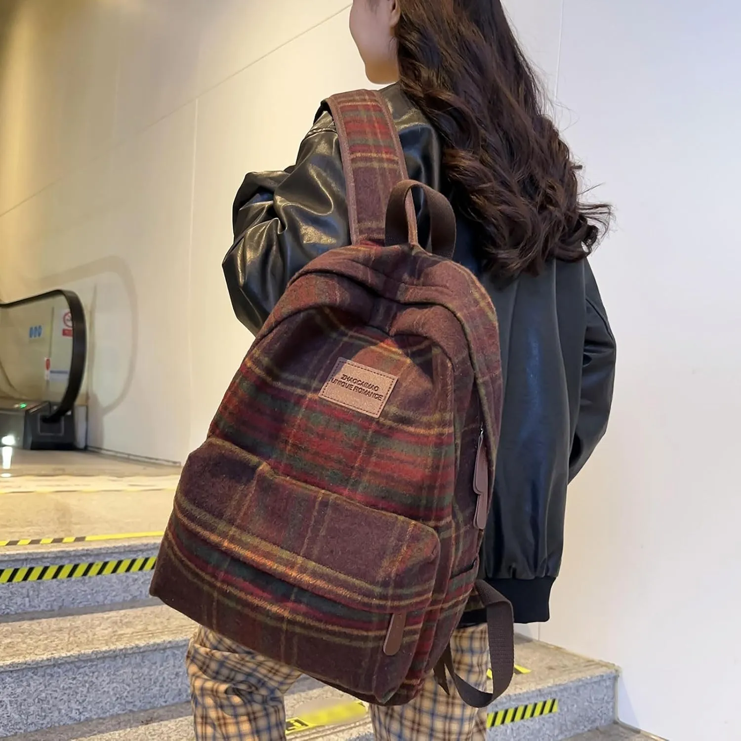 Teclado Backpack Plush Plaid Pattern 17.7 Inch Bookbags Lightweight Laptop Bag Travel Daypacks (Red)