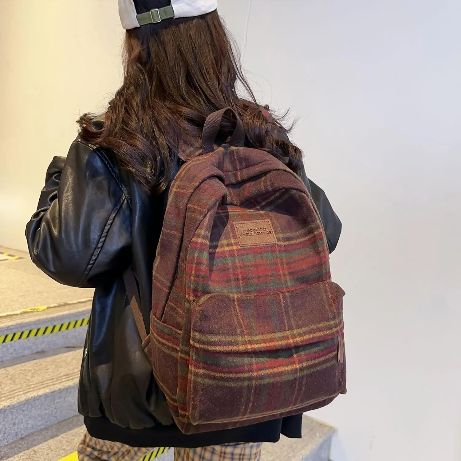 Teclado Backpack Plush Plaid Pattern 17.7 Inch Bookbags Lightweight Laptop Bag Travel Daypacks (Red)