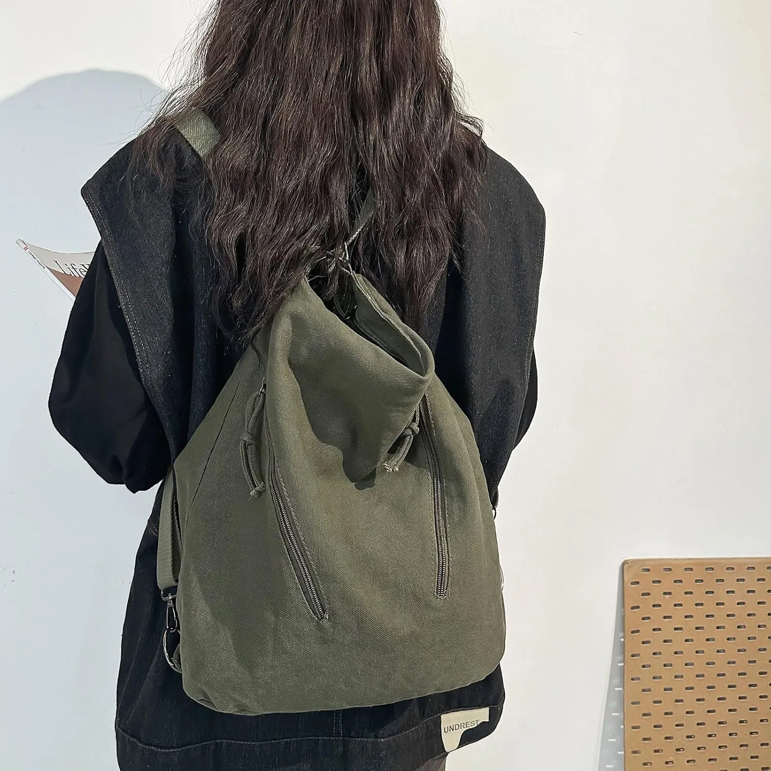 Teclado Canvas Backpack Casual Crossbody Bag Shoulder Bag 16.1 Inch Bookbags Lightweight Handbag Tote Bag Travel Daypacks (Army Green)