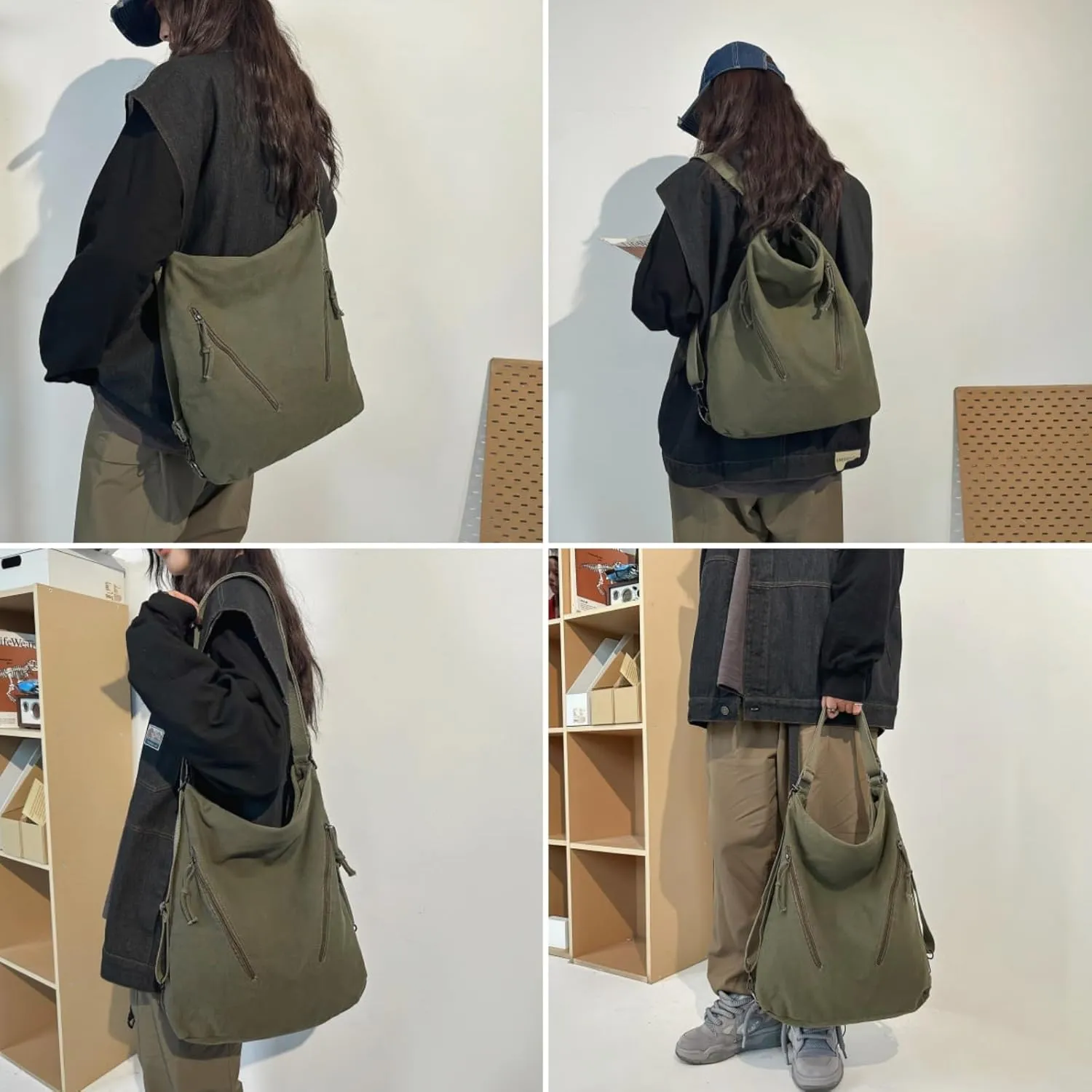 Teclado Canvas Backpack Casual Crossbody Bag Shoulder Bag 16.1 Inch Bookbags Lightweight Handbag Tote Bag Travel Daypacks (Army Green)