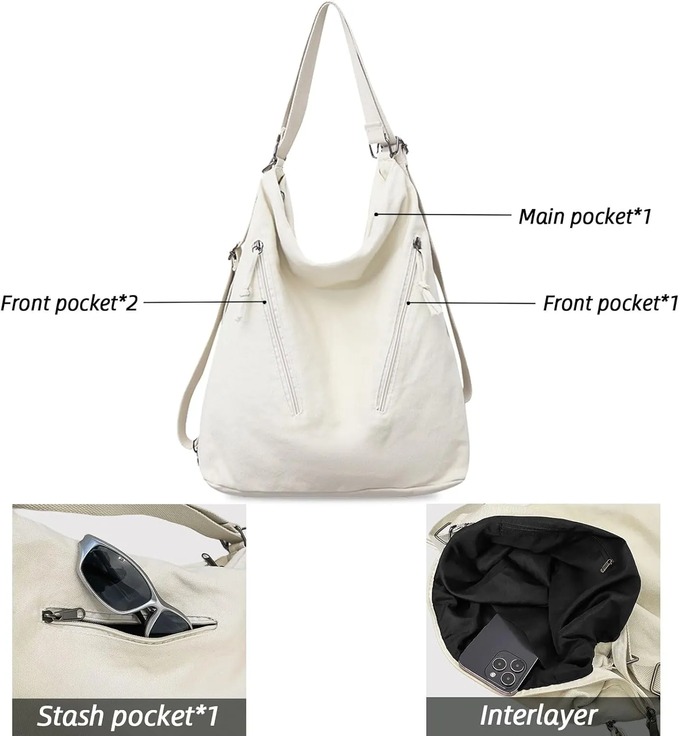 Teclado Canvas Backpack Casual Crossbody Bag Shoulder Bag 16.1 Inch Bookbags Lightweight Handbag Tote Bag Travel Daypacks (White)