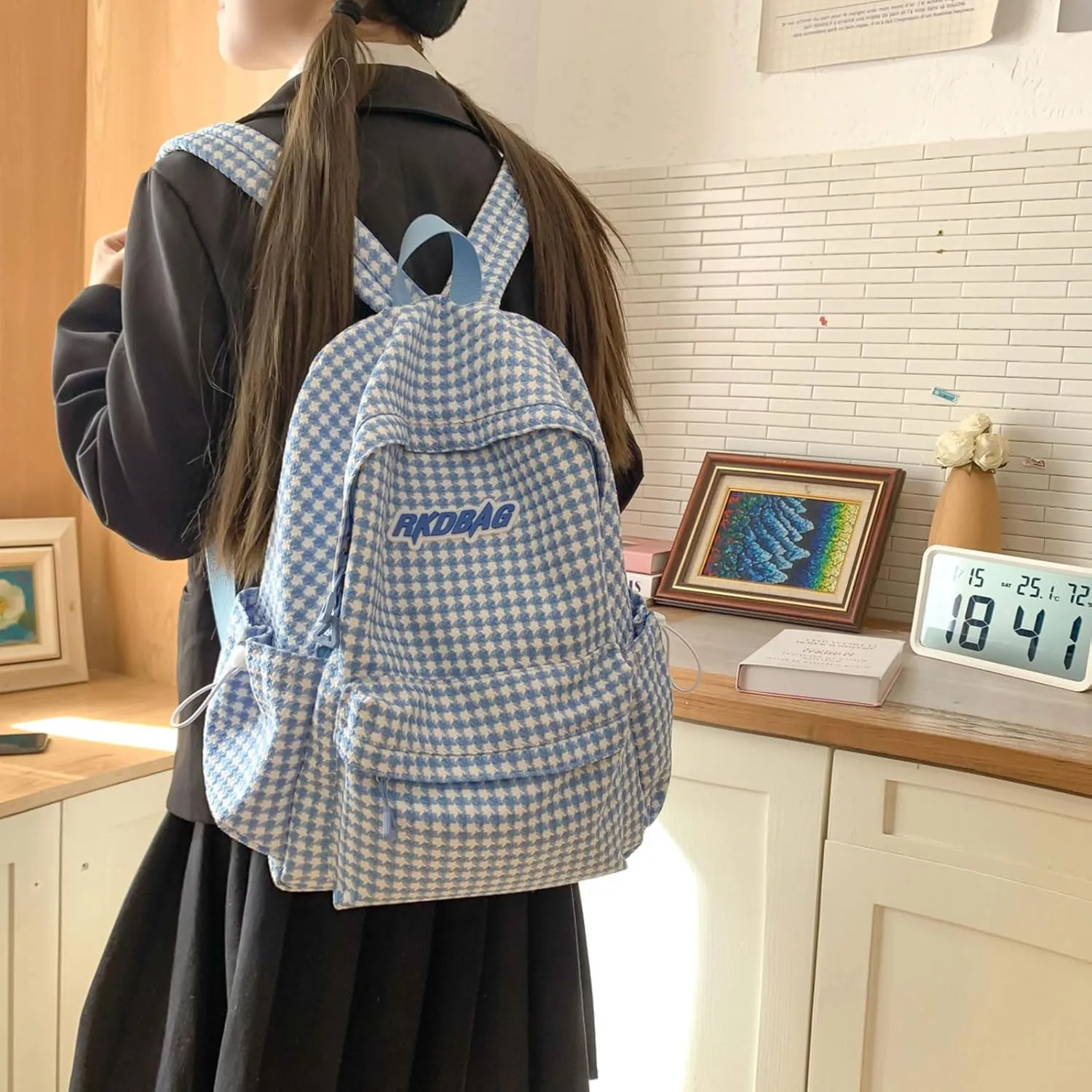 Teclado Casual Backpack Houndstooth Style Cute Bookbags Lightweight Laptop Bag Travel Daypacks (Blue)