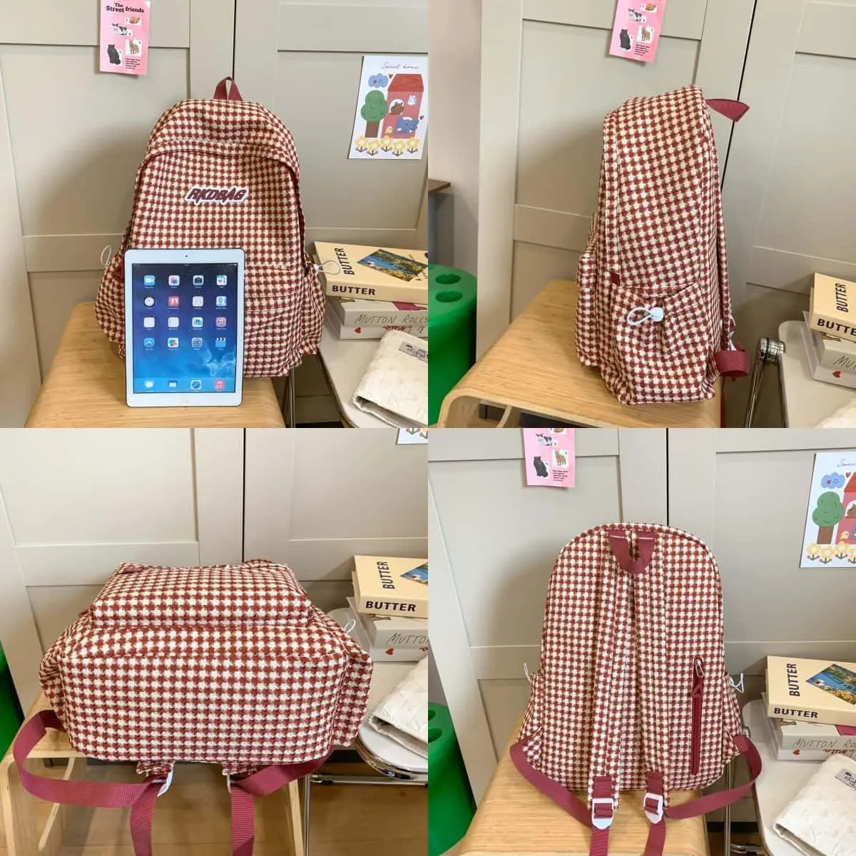 Teclado Casual Backpack Houndstooth Style Cute Bookbags Lightweight Laptop Bag Travel Daypacks (Khaki)