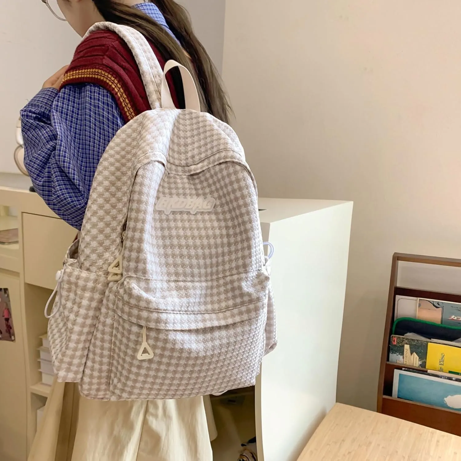 Teclado Casual Backpack Houndstooth Style Cute Bookbags Lightweight Laptop Bag Travel Daypacks (Khaki)
