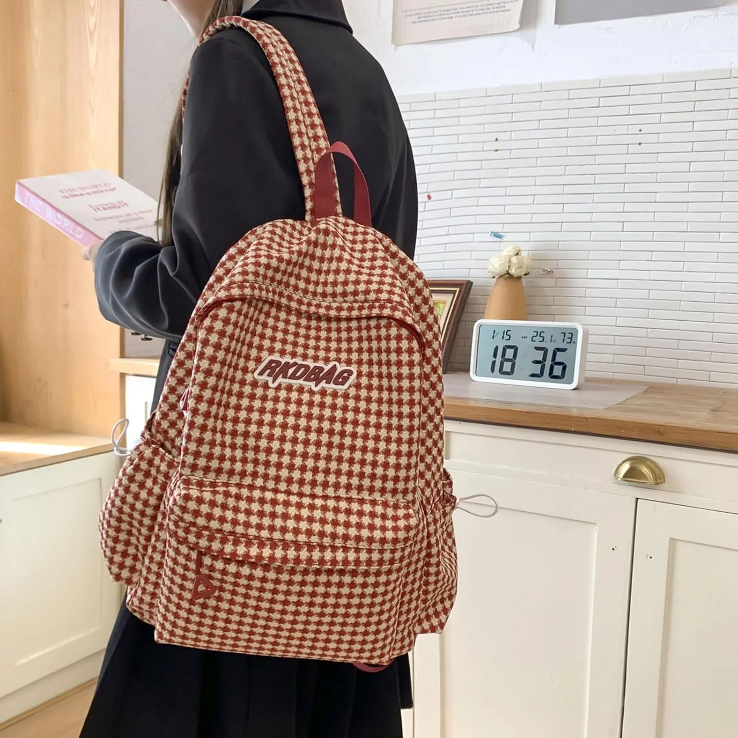 Teclado Casual Backpack Houndstooth Style Cute Bookbags Lightweight Laptop Bag Travel Daypacks (Red)