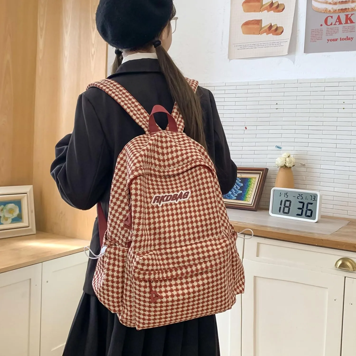 Teclado Casual Backpack Houndstooth Style Cute Bookbags Lightweight Laptop Bag Travel Daypacks (Red)
