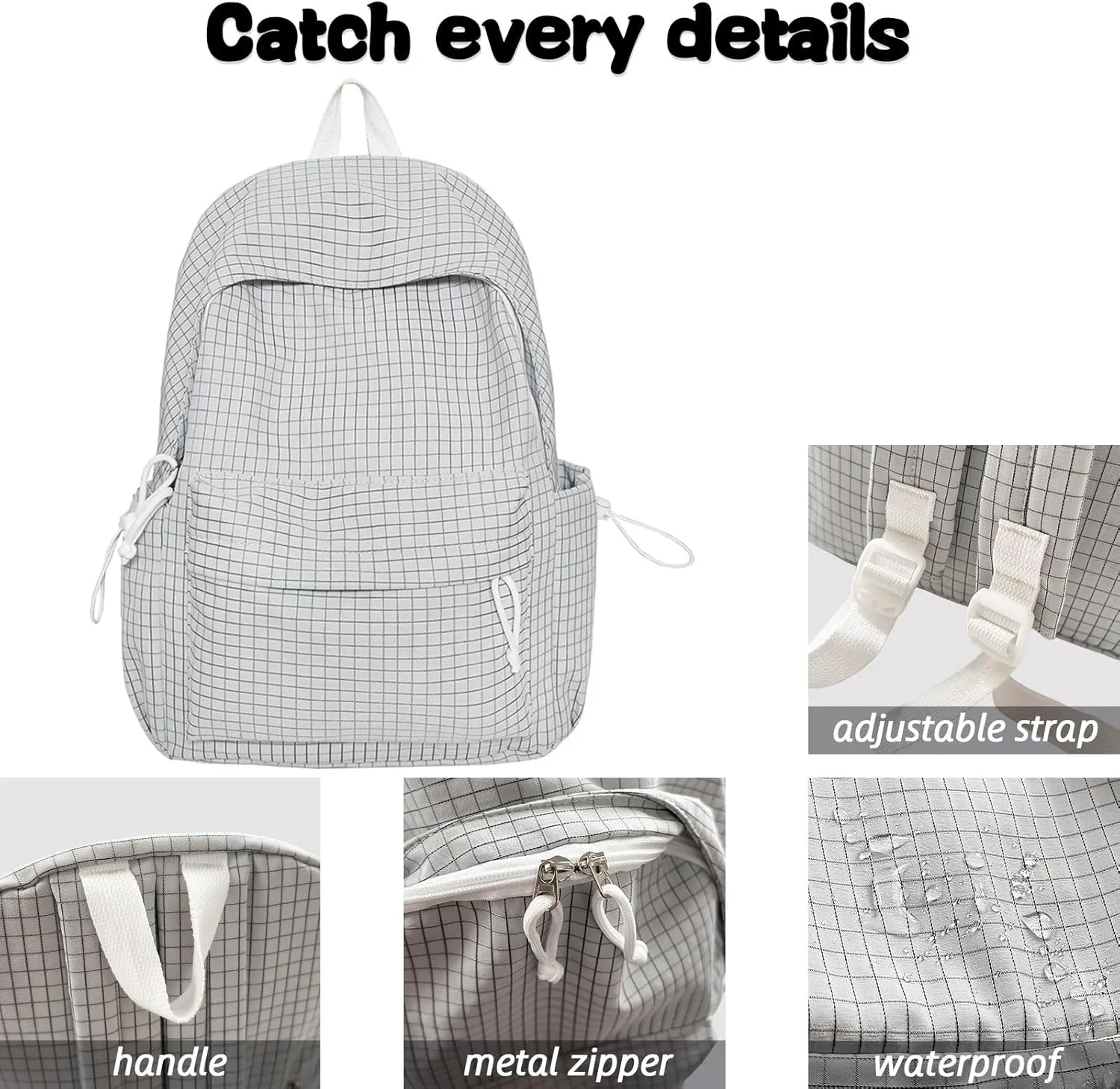Teclado Casual Backpack Nylon Checkered Bookbags Lightweight Laptop Bag Travel Daypacks (Black)