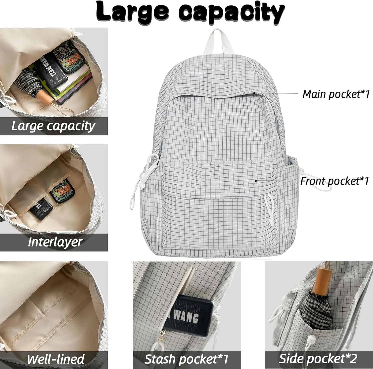 Teclado Casual Backpack Nylon Checkered Bookbags Lightweight Laptop Bag Travel Daypacks (Black)