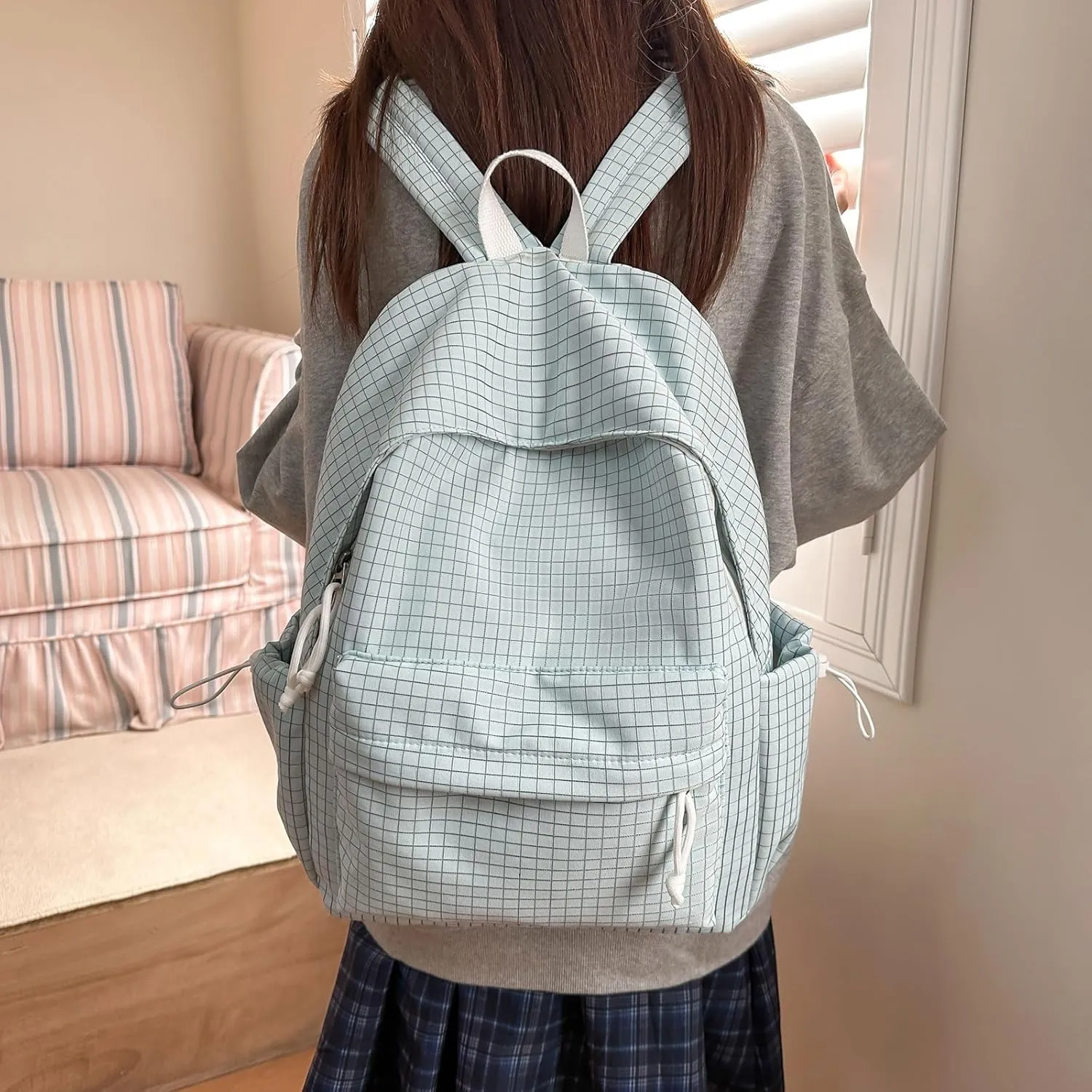 Teclado Casual Backpack Nylon Checkered Bookbags Lightweight Laptop Bag Travel Daypacks (Blue)