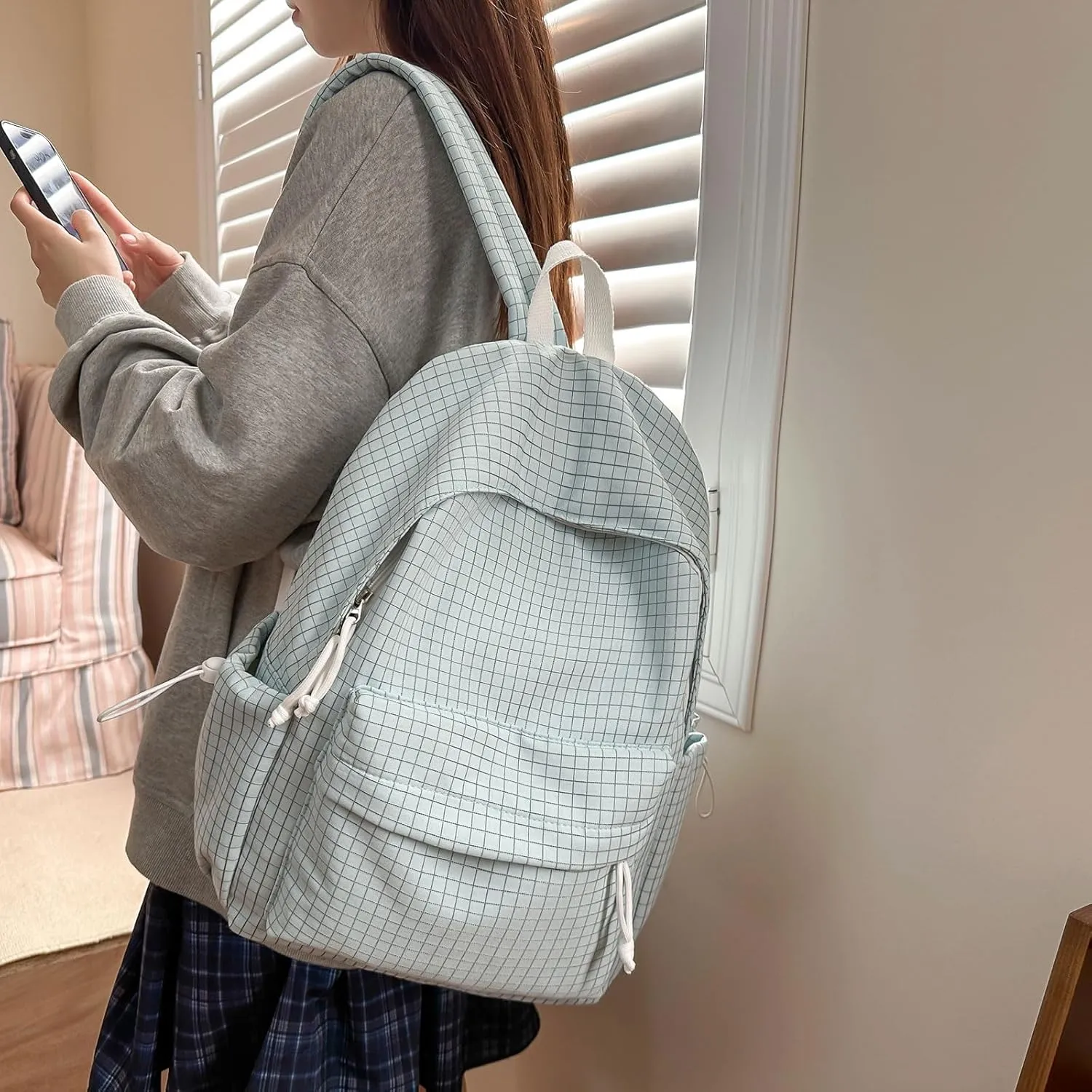 Teclado Casual Backpack Nylon Checkered Bookbags Lightweight Laptop Bag Travel Daypacks (Blue)
