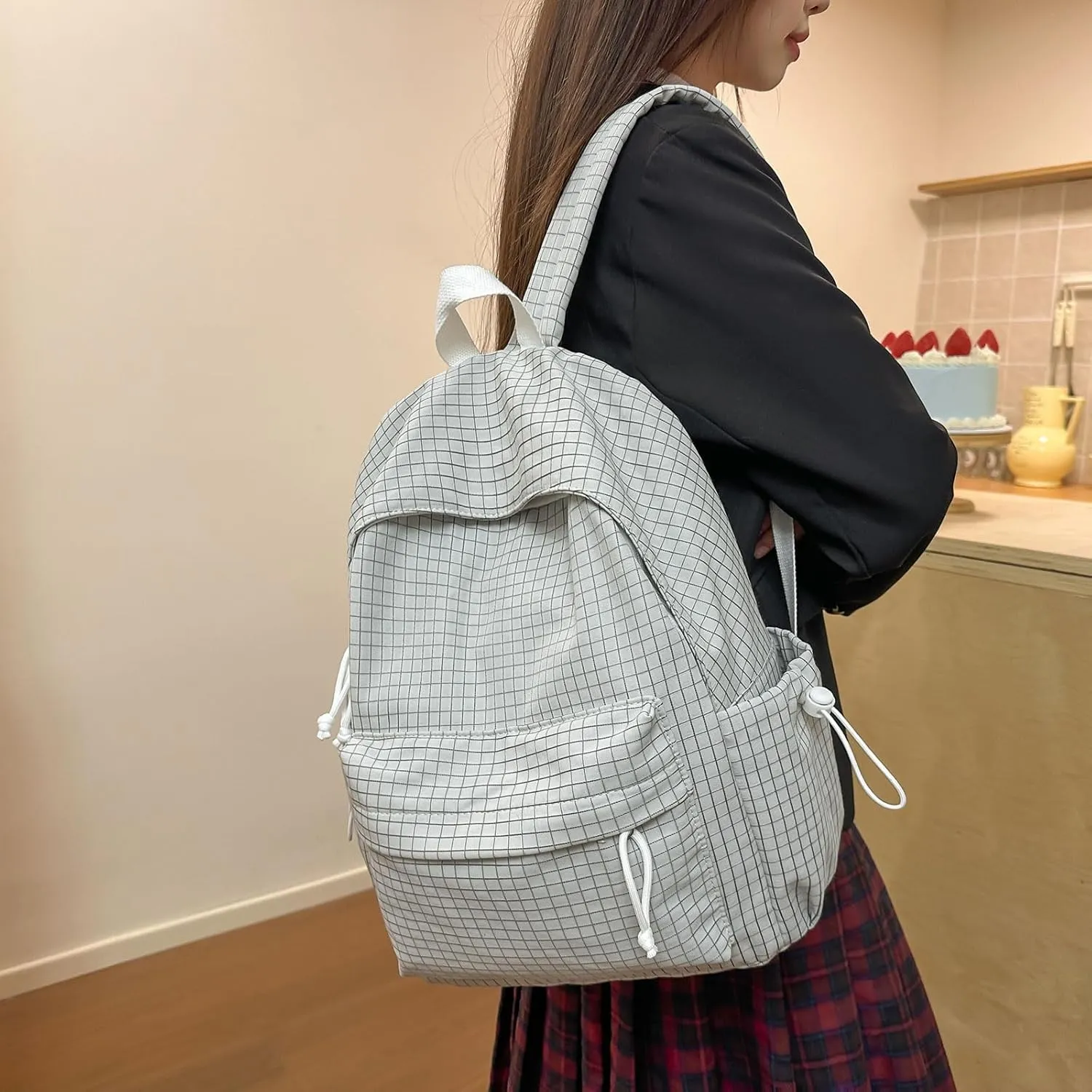 Teclado Casual Backpack Nylon Checkered Bookbags Lightweight Laptop Bag Travel Daypacks (Grey)
