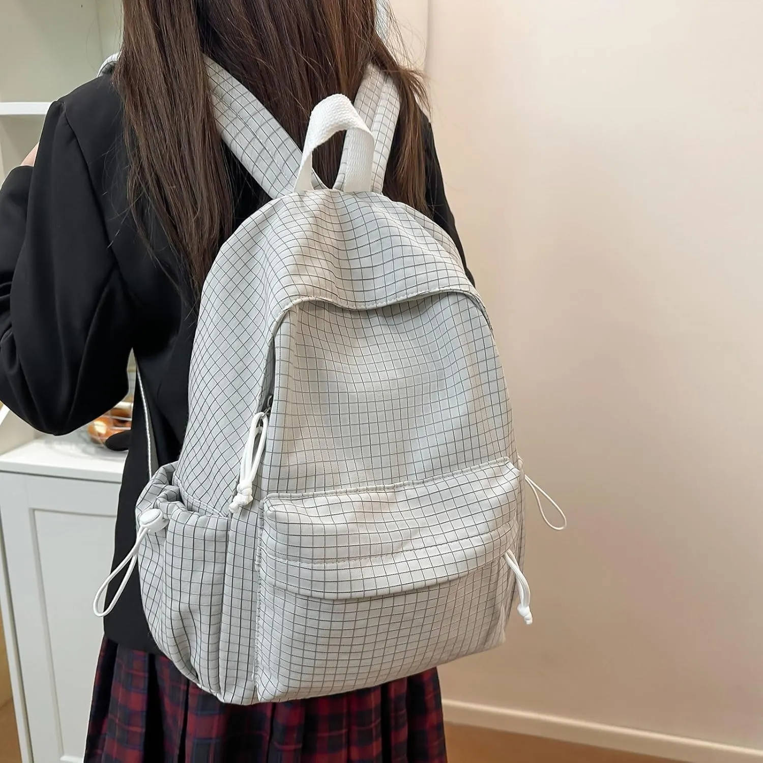 Teclado Casual Backpack Nylon Checkered Bookbags Lightweight Laptop Bag Travel Daypacks (Grey)