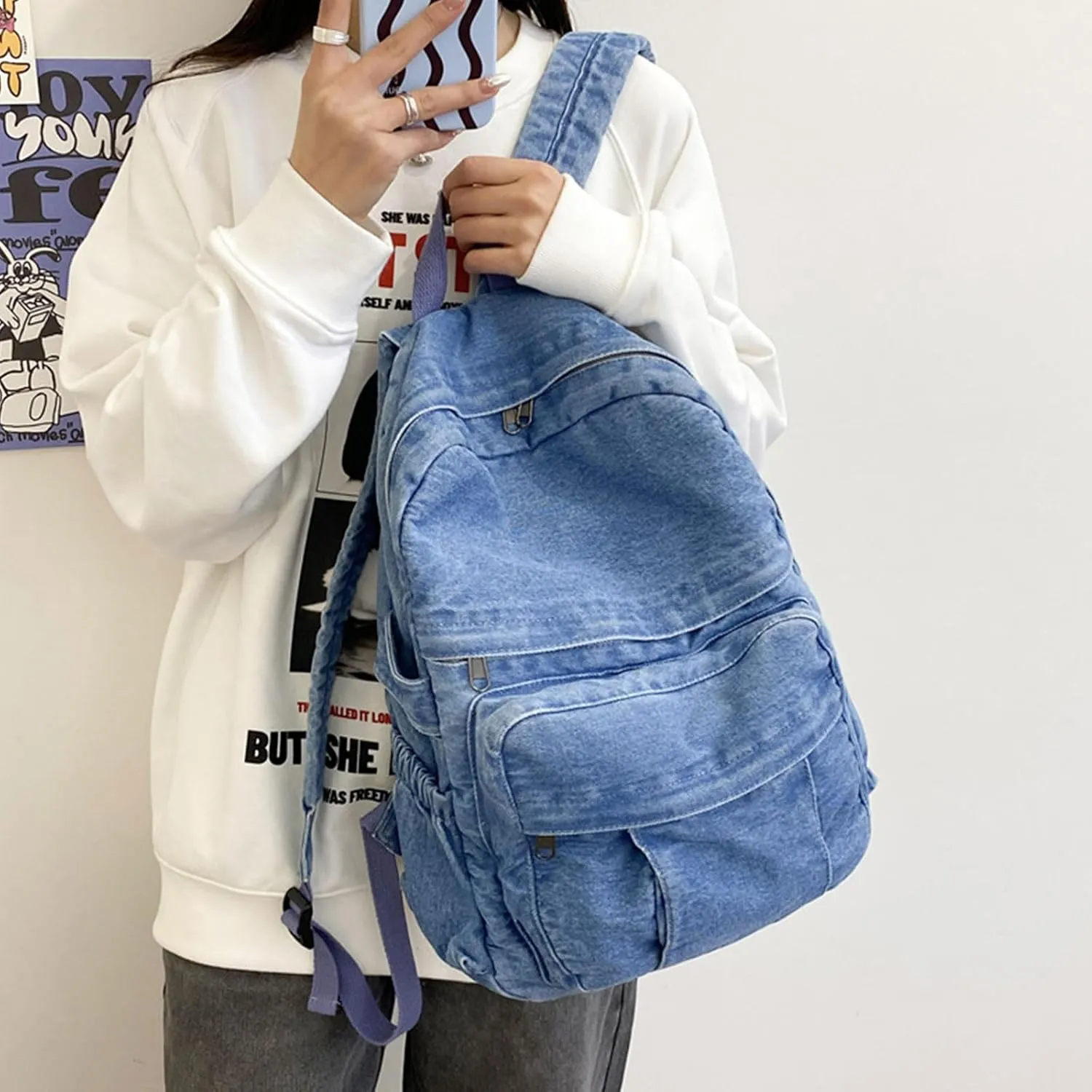 Teclado Denim Backpack Casual Bookbags Lightweight Laptop Bag Outing Travel Daypacks (Blue)