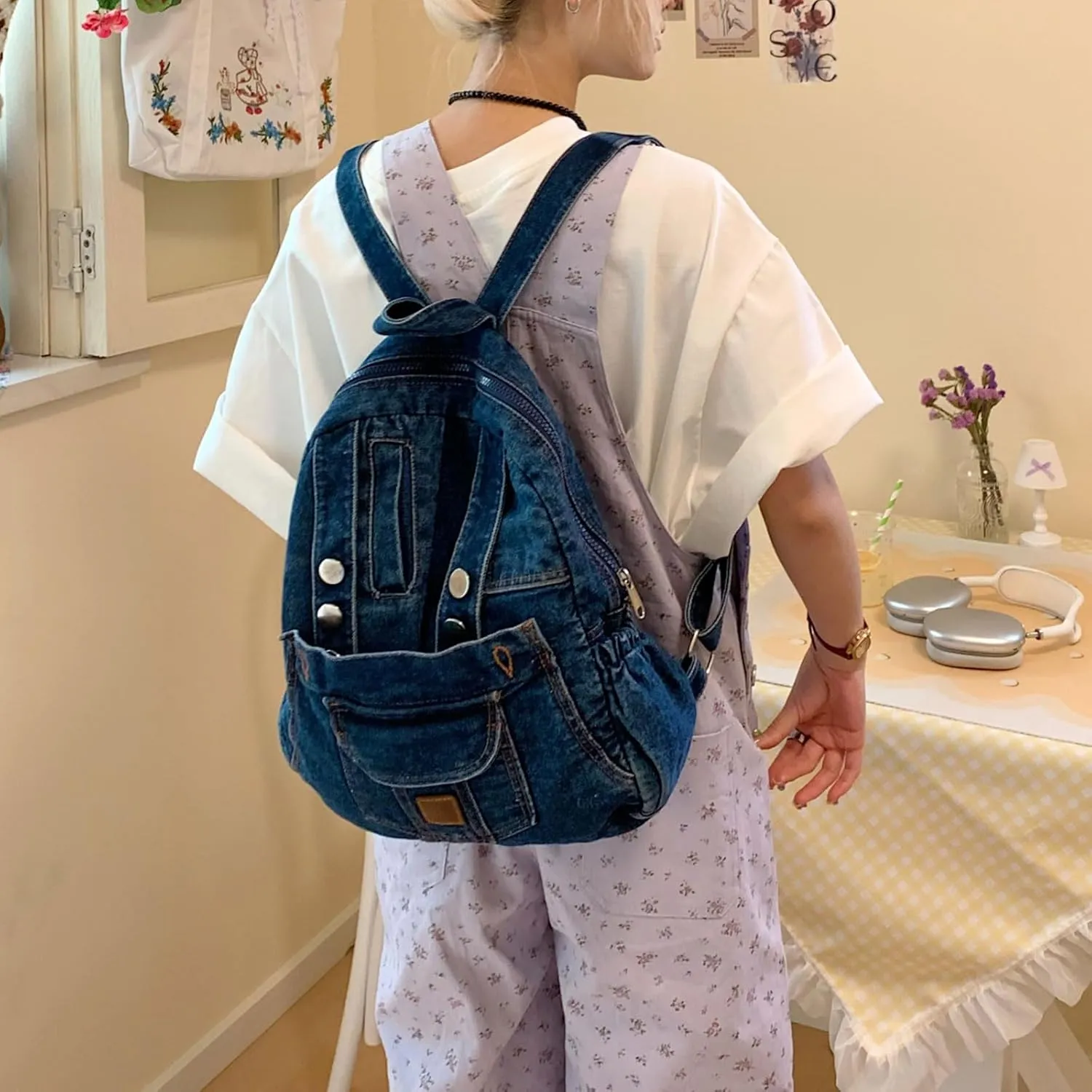 Teclado Denim Backpack Casual Bookbags Lightweight Outing Travel Daypacks (Dark Blue)