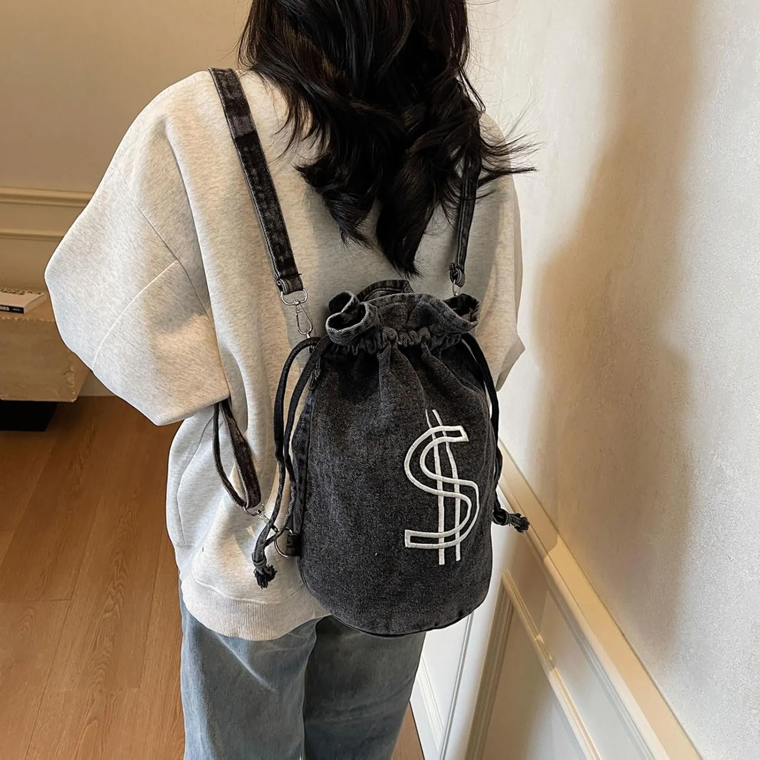 Teclado Denim Backpack Small Bucket Drawstring Casual Crossbody Messenger Bag Shoulder Hobo Bag Travel Daypacks (Black)