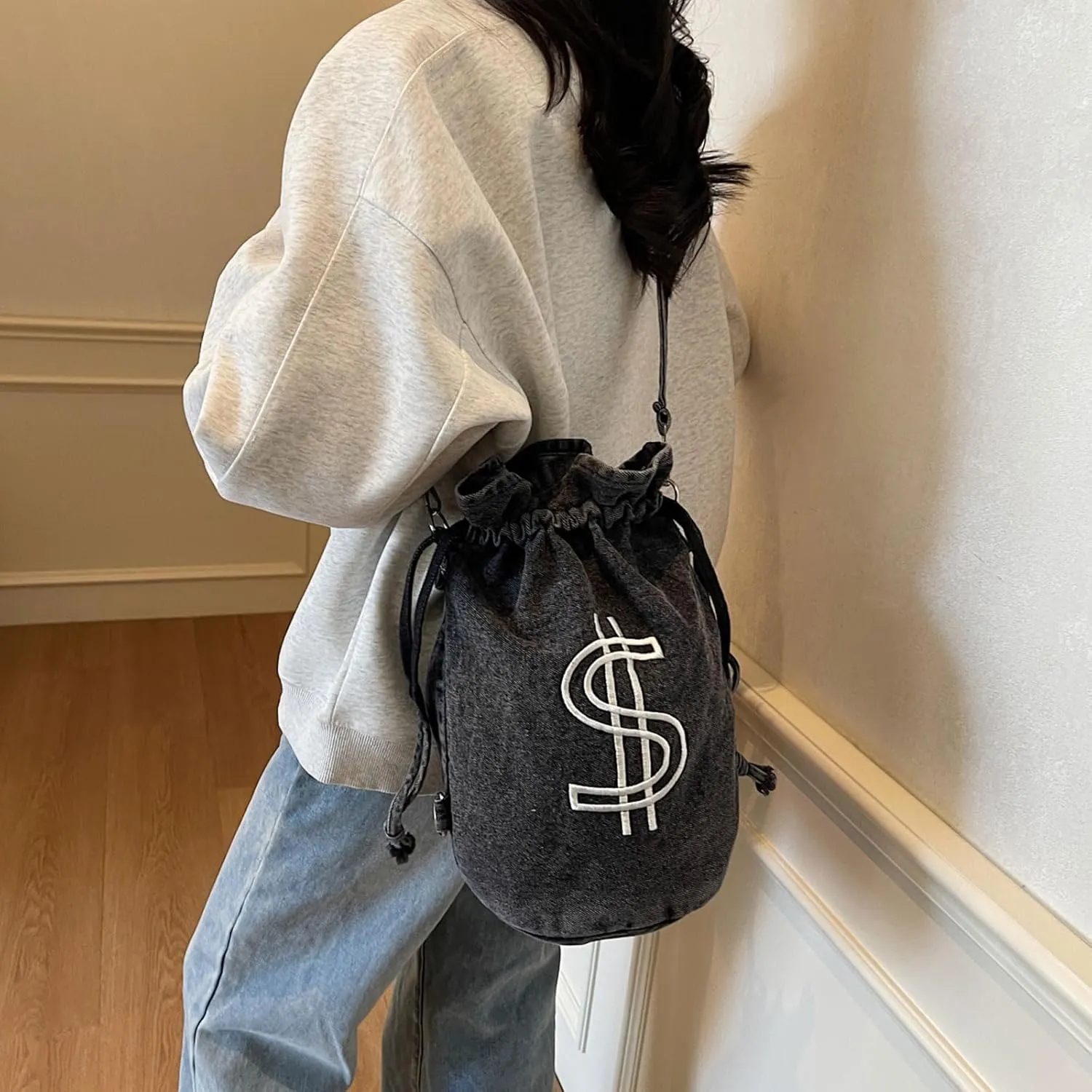 Teclado Denim Backpack Small Bucket Drawstring Casual Crossbody Messenger Bag Shoulder Hobo Bag Travel Daypacks (Black)