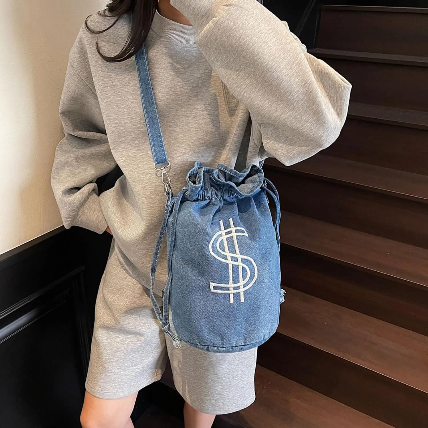 Teclado Denim Backpack Small Bucket Drawstring Casual Crossbody Messenger Bag Shoulder Hobo Bag Travel Daypacks (Blue)