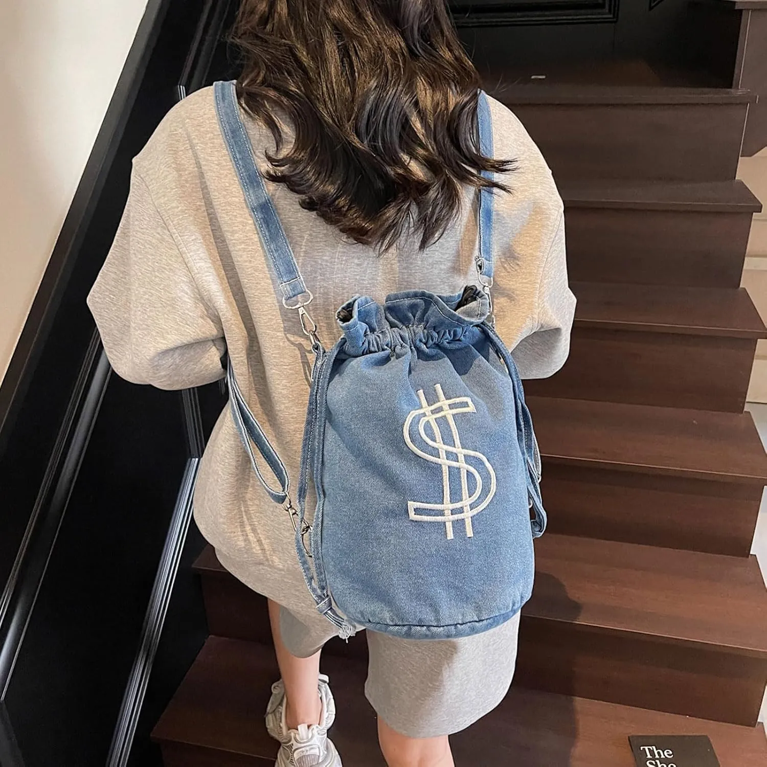 Teclado Denim Backpack Small Bucket Drawstring Casual Crossbody Messenger Bag Shoulder Hobo Bag Travel Daypacks (Blue)