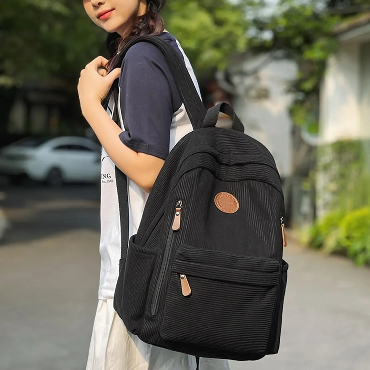 Teclado Fashion Backpack Corduroy Casual Bookbags Lightweight Laptop Bag Travel Daypacks (Black)