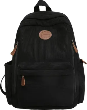 Teclado Fashion Backpack Corduroy Casual Bookbags Lightweight Laptop Bag Travel Daypacks (Black)