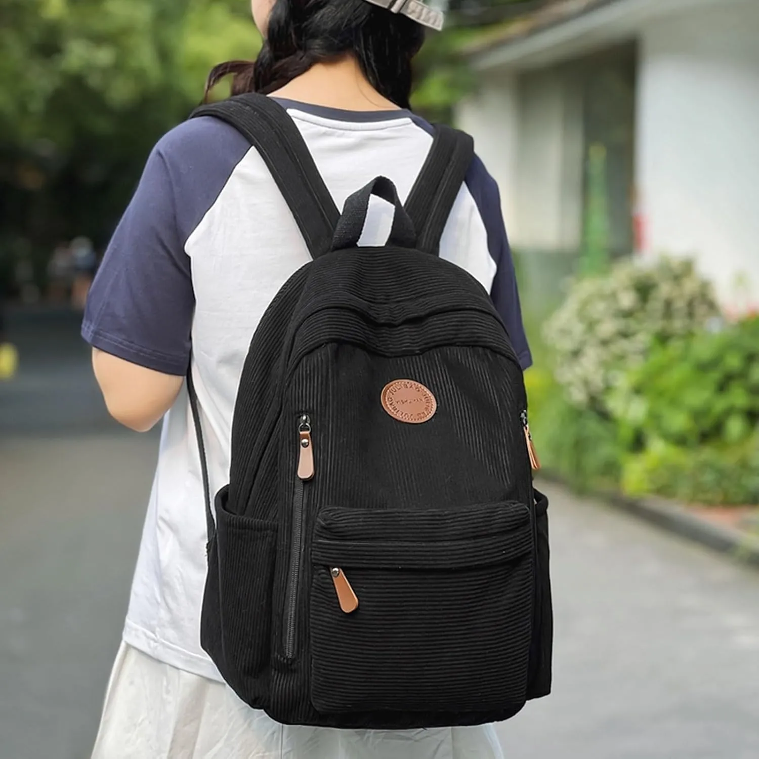 Teclado Fashion Backpack Corduroy Casual Bookbags Lightweight Laptop Bag Travel Daypacks (Black)