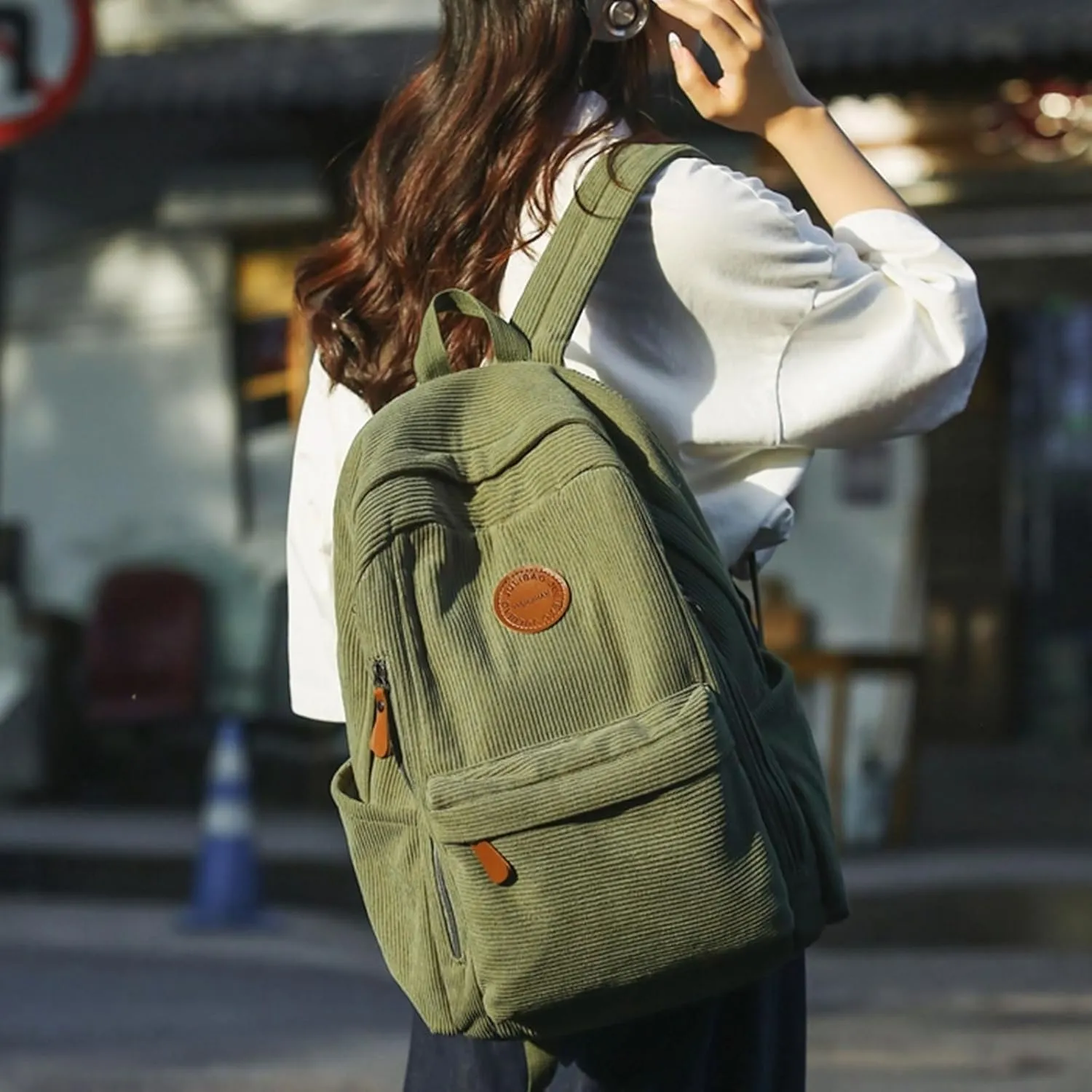 Teclado Fashion Backpack Corduroy Casual Bookbags Lightweight Laptop Bag Travel Daypacks (Green)