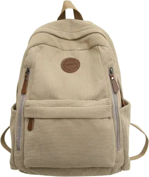 Teclado Fashion Backpack Corduroy Casual Bookbags Lightweight Laptop Bag Travel Daypacks (Khaki)