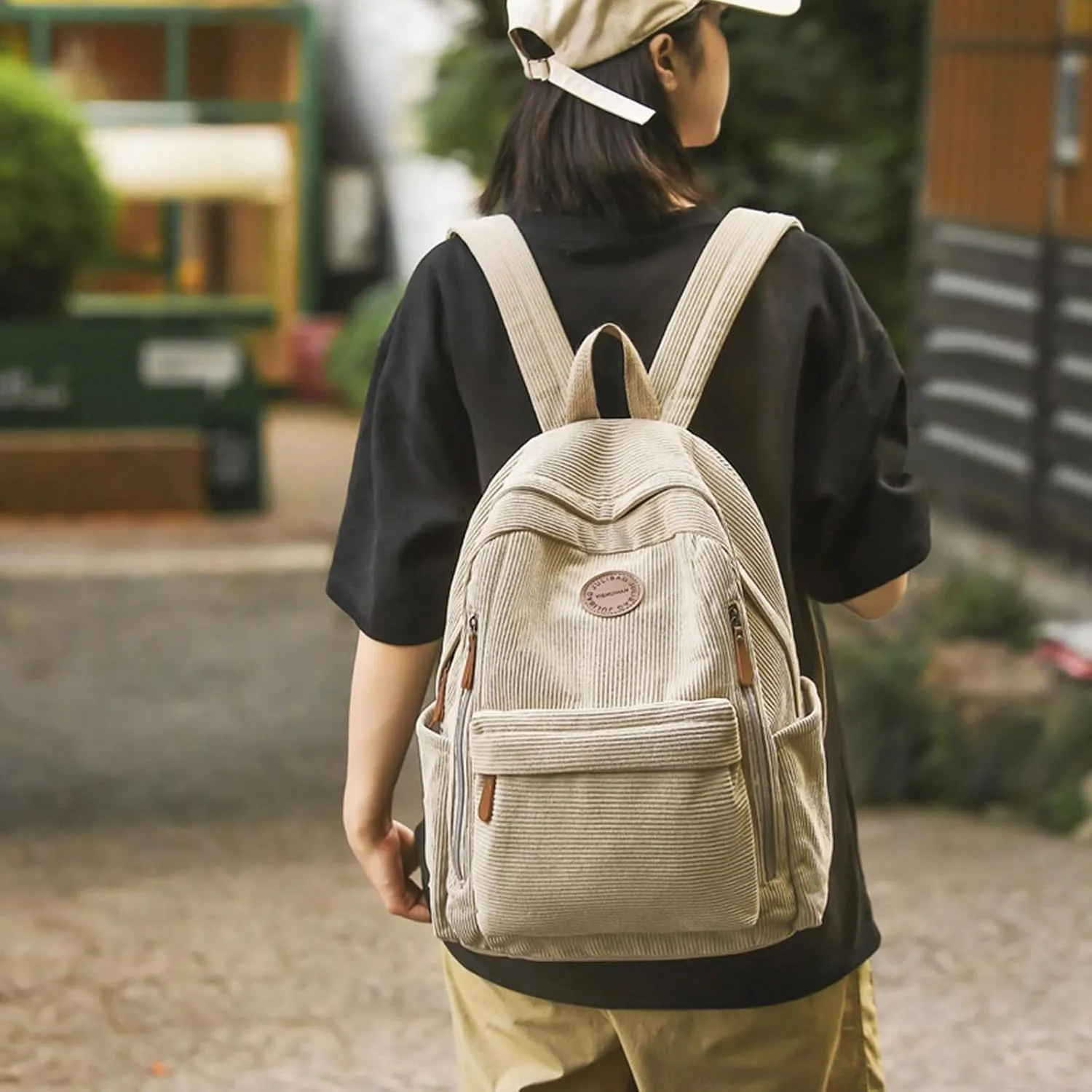 Teclado Fashion Backpack Corduroy Casual Bookbags Lightweight Laptop Bag Travel Daypacks (Khaki)