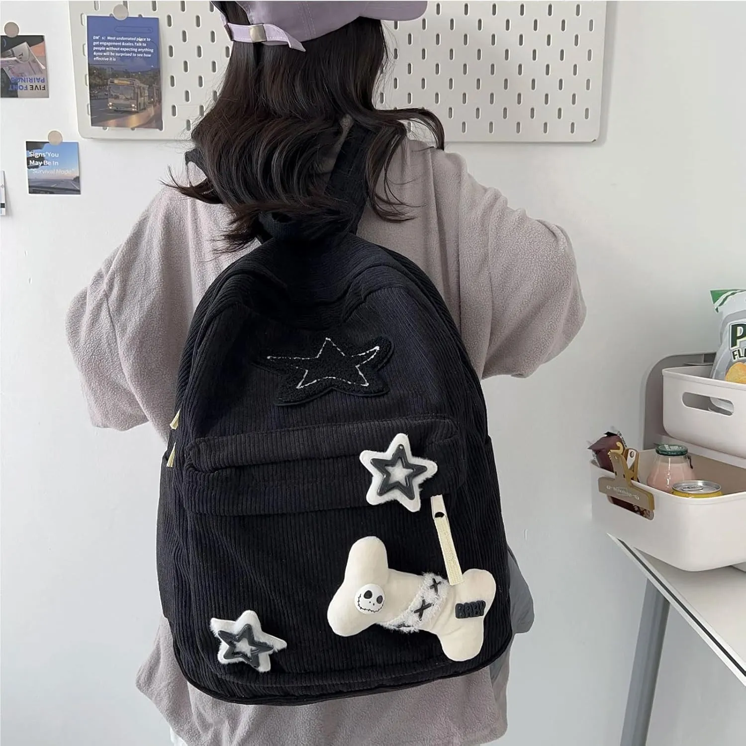 Teclado Kawaii Backpack Star Bone Pattern 16.1 Inch Cute Bookbags Lightweight Laptop Bag Travel Daypacks (Black)
