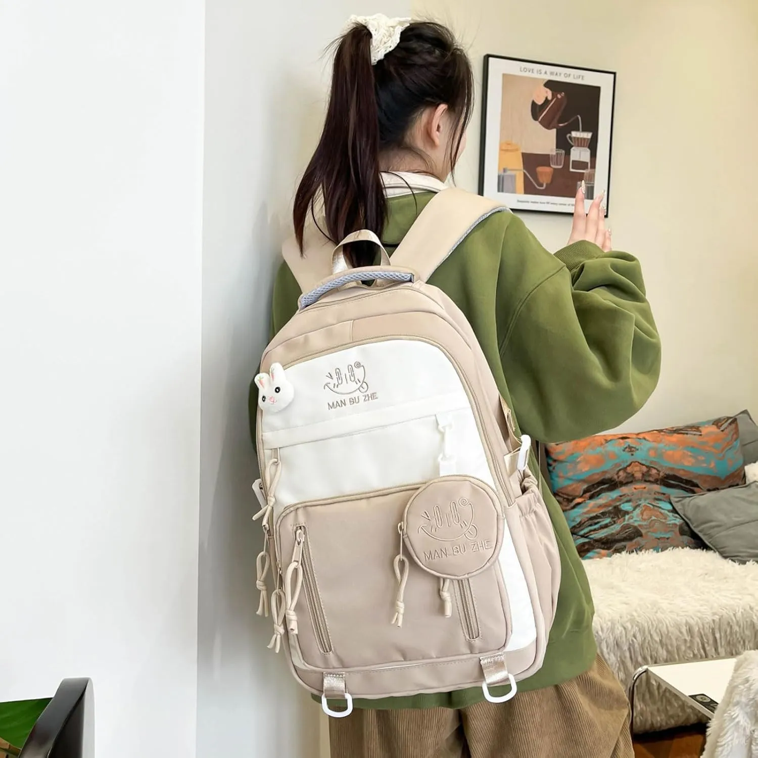 Teclado Kawaii Backpack with Cute Accessories 18.1 Inch Bookbags Laptop Bag Casual Lightweight Travel Daypacks (Khaki)
