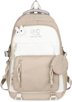 Teclado Kawaii Backpack with Cute Accessories 18.1 Inch Bookbags Laptop Bag Casual Lightweight Travel Daypacks (Khaki)