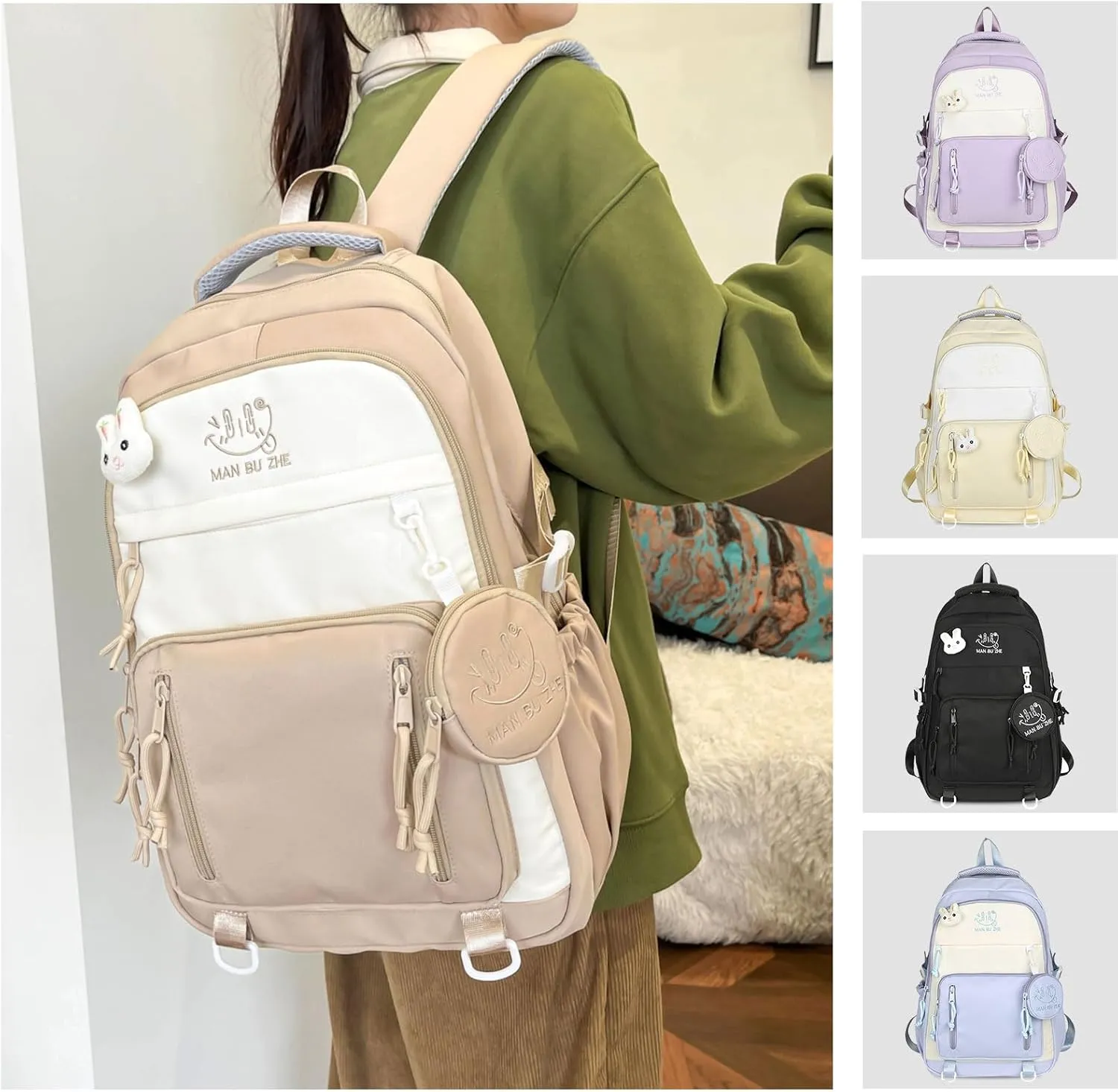 Teclado Kawaii Backpack with Cute Accessories 18.1 Inch Bookbags Laptop Bag Casual Lightweight Travel Daypacks (Khaki)