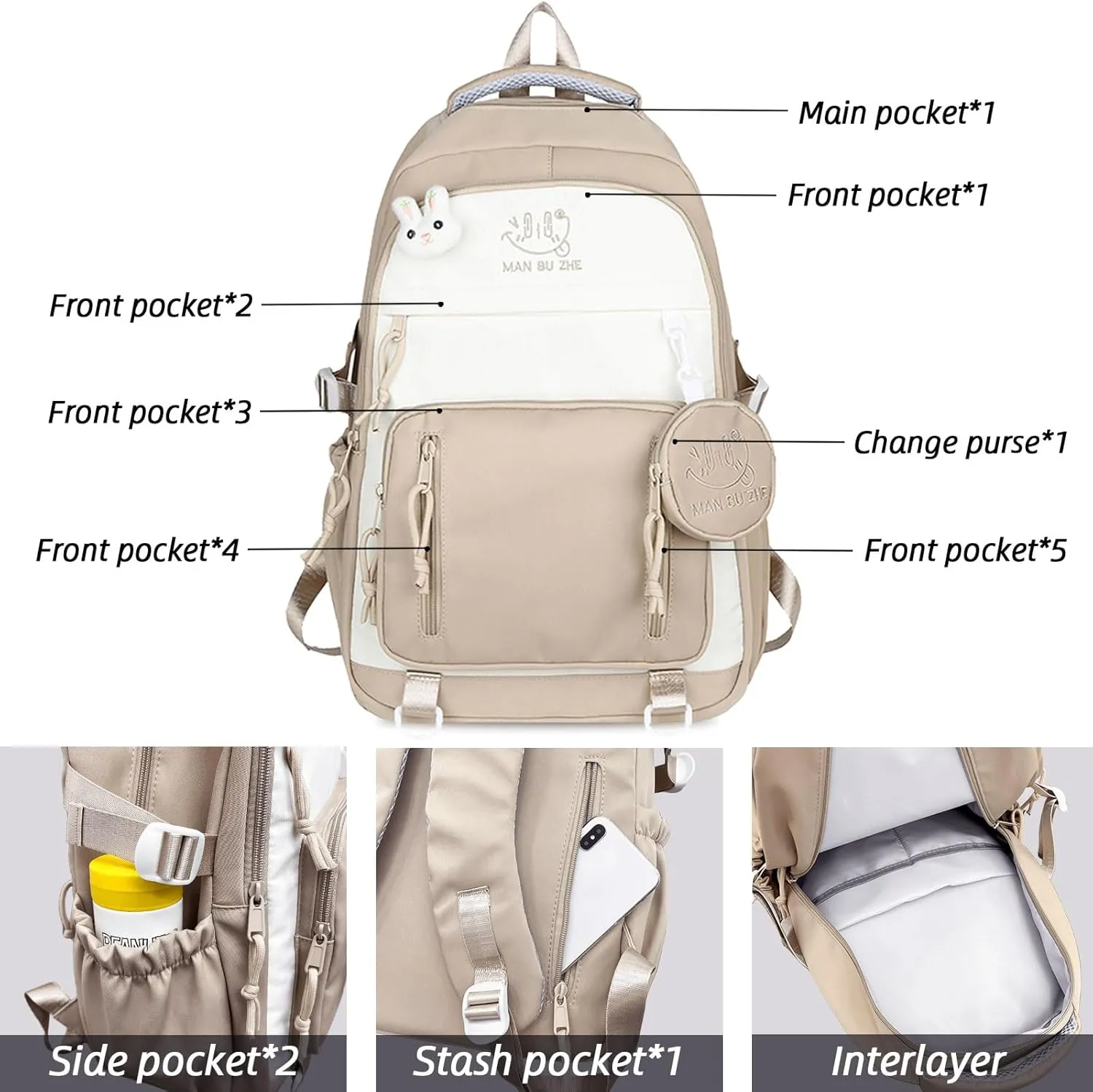 Teclado Kawaii Backpack with Cute Accessories 18.1 Inch Bookbags Laptop Bag Casual Lightweight Travel Daypacks (Khaki)