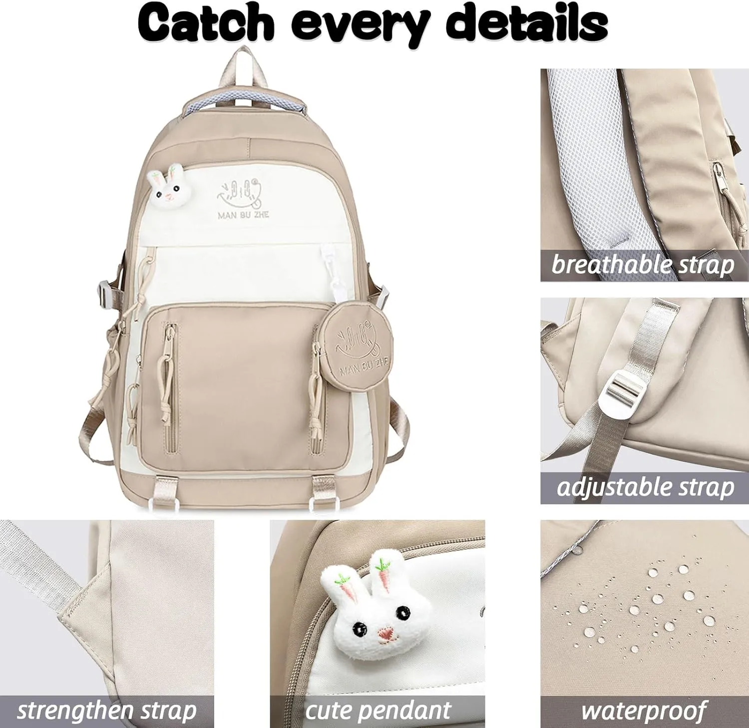 Teclado Kawaii Backpack with Cute Accessories 18.1 Inch Bookbags Laptop Bag Casual Lightweight Travel Daypacks (Khaki)