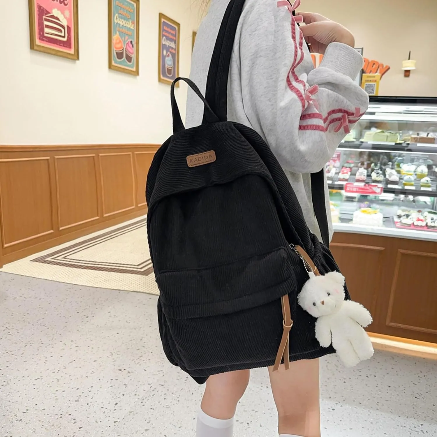 Teclado Kawaii Backpack with Cute Accessories Corduroy Casual Bookbags with Pendants Lightweight Laptop Bag Travel Daypacks (Black)
