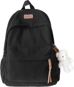 Teclado Kawaii Backpack with Cute Accessories Corduroy Casual Bookbags with Pendants Lightweight Laptop Bag Travel Daypacks (Black)