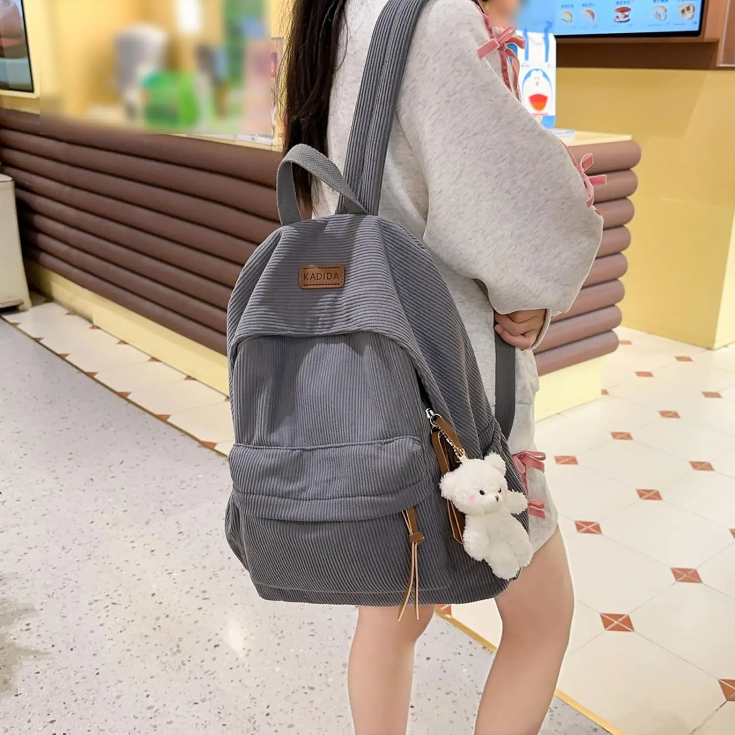 Teclado Kawaii Backpack with Cute Accessories Corduroy Casual Bookbags with Pendants Lightweight Laptop Bag Travel Daypacks (Blue)