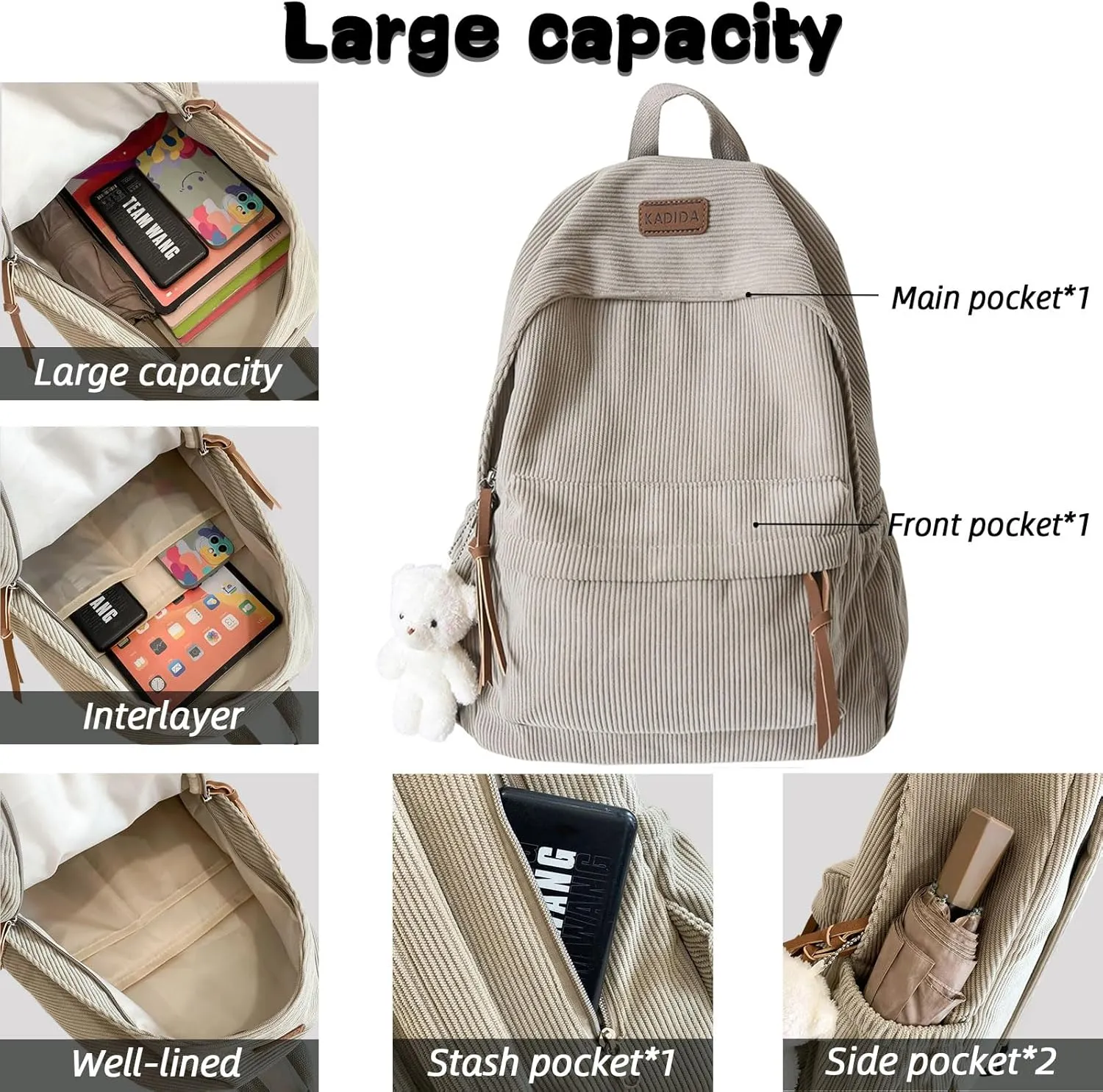 Teclado Kawaii Backpack with Cute Accessories Corduroy Casual Bookbags with Pendants Lightweight Laptop Bag Travel Daypacks (Blue)