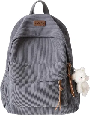 Teclado Kawaii Backpack with Cute Accessories Corduroy Casual Bookbags with Pendants Lightweight Laptop Bag Travel Daypacks (Blue)