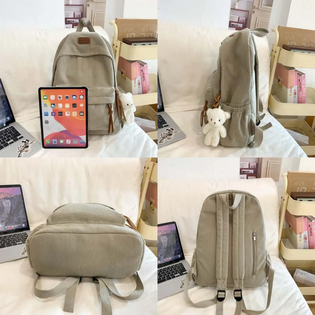 Teclado Kawaii Backpack with Cute Accessories Corduroy Casual Bookbags with Pendants Lightweight Laptop Bag Travel Daypacks (Blue)