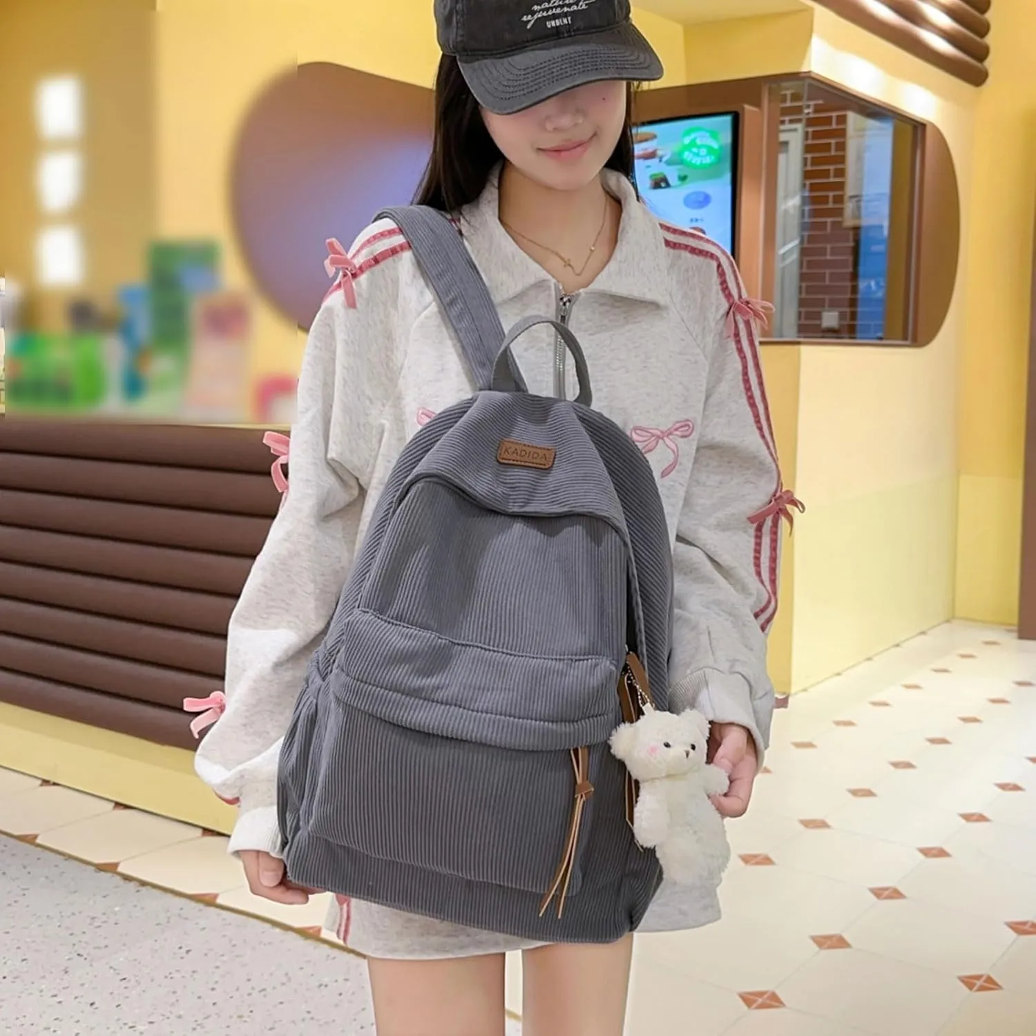 Teclado Kawaii Backpack with Cute Accessories Corduroy Casual Bookbags with Pendants Lightweight Laptop Bag Travel Daypacks (Blue)