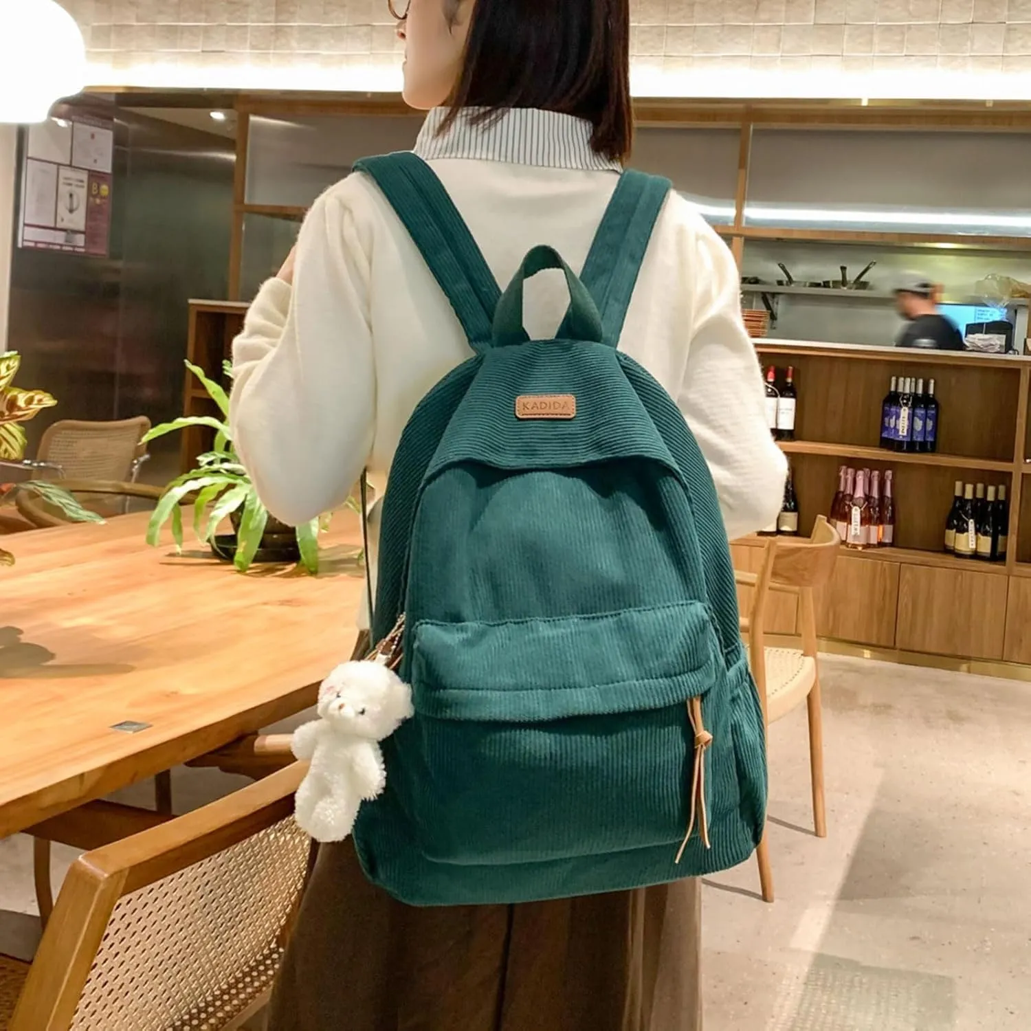 Teclado Kawaii Backpack with Cute Accessories Corduroy Casual Bookbags with Pendants Lightweight Laptop Bag Travel Daypacks (Green)