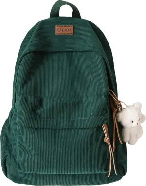 Teclado Kawaii Backpack with Cute Accessories Corduroy Casual Bookbags with Pendants Lightweight Laptop Bag Travel Daypacks (Green)