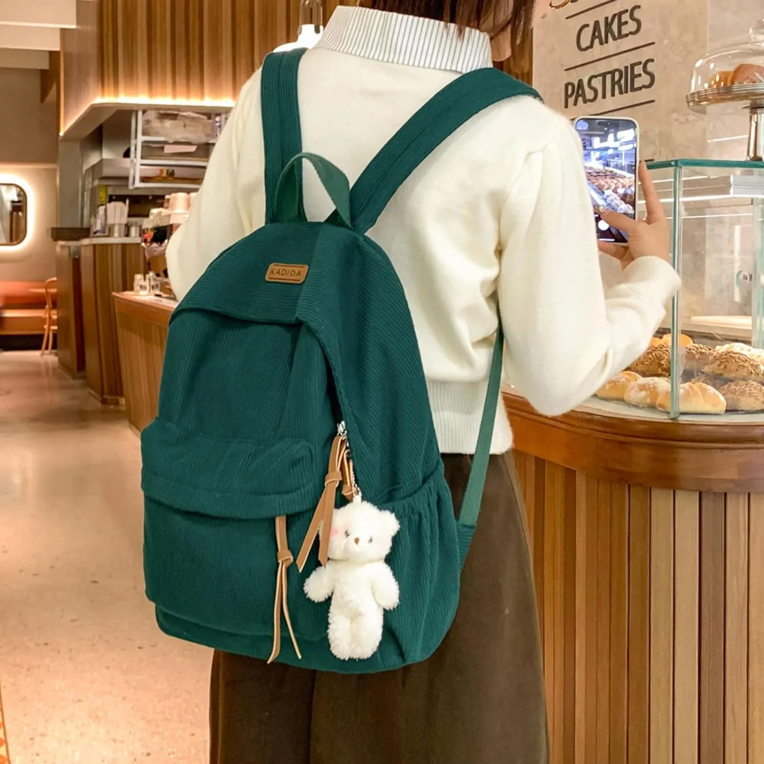 Teclado Kawaii Backpack with Cute Accessories Corduroy Casual Bookbags with Pendants Lightweight Laptop Bag Travel Daypacks (Green)