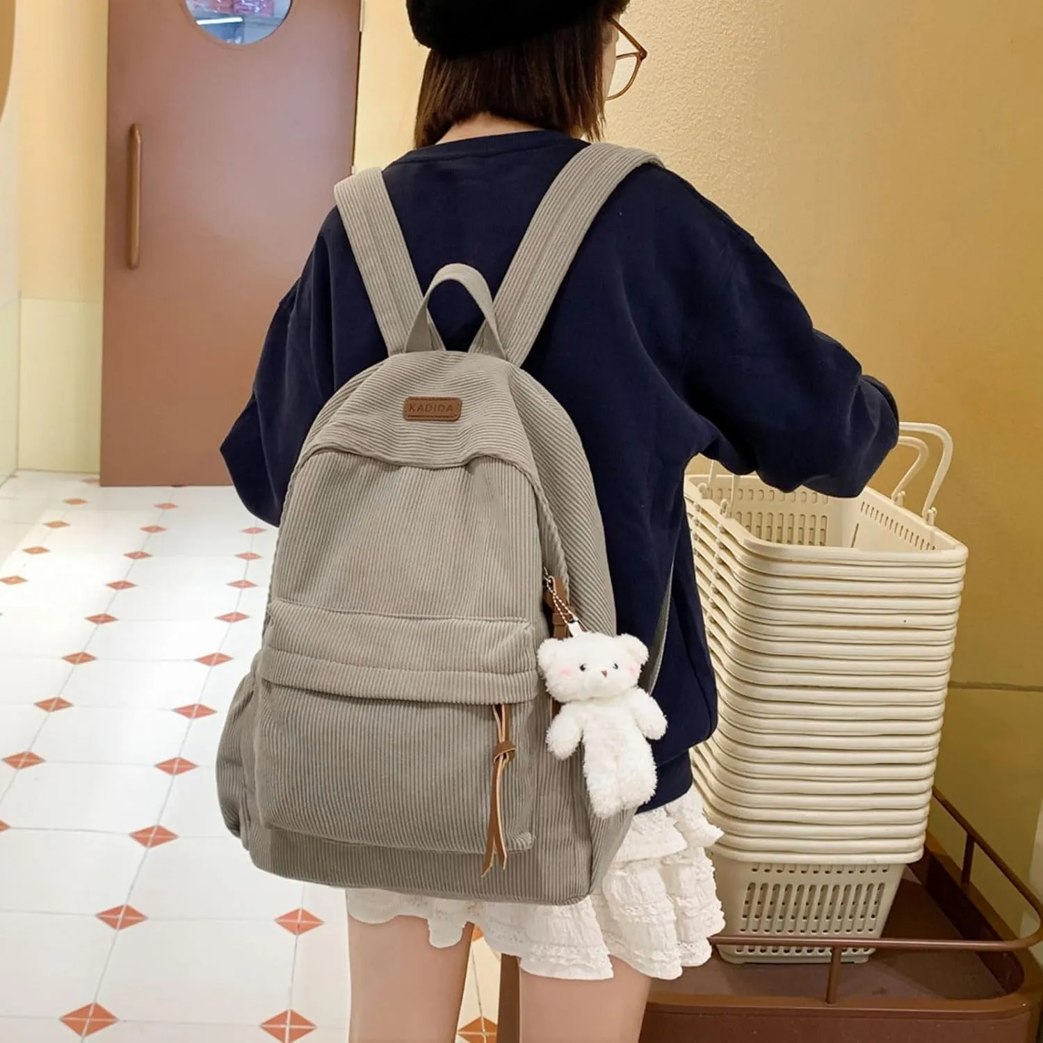 Teclado Kawaii Backpack with Cute Accessories Corduroy Casual Bookbags with Pendants Lightweight Laptop Bag Travel Daypacks (Grey)