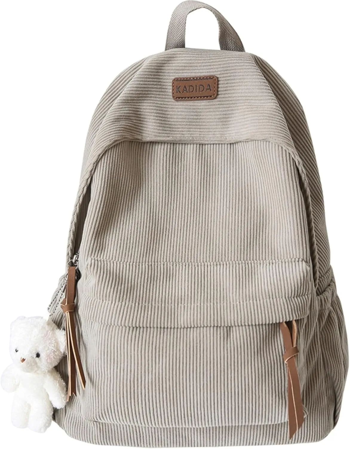 Teclado Kawaii Backpack with Cute Accessories Corduroy Casual Bookbags with Pendants Lightweight Laptop Bag Travel Daypacks (Grey)