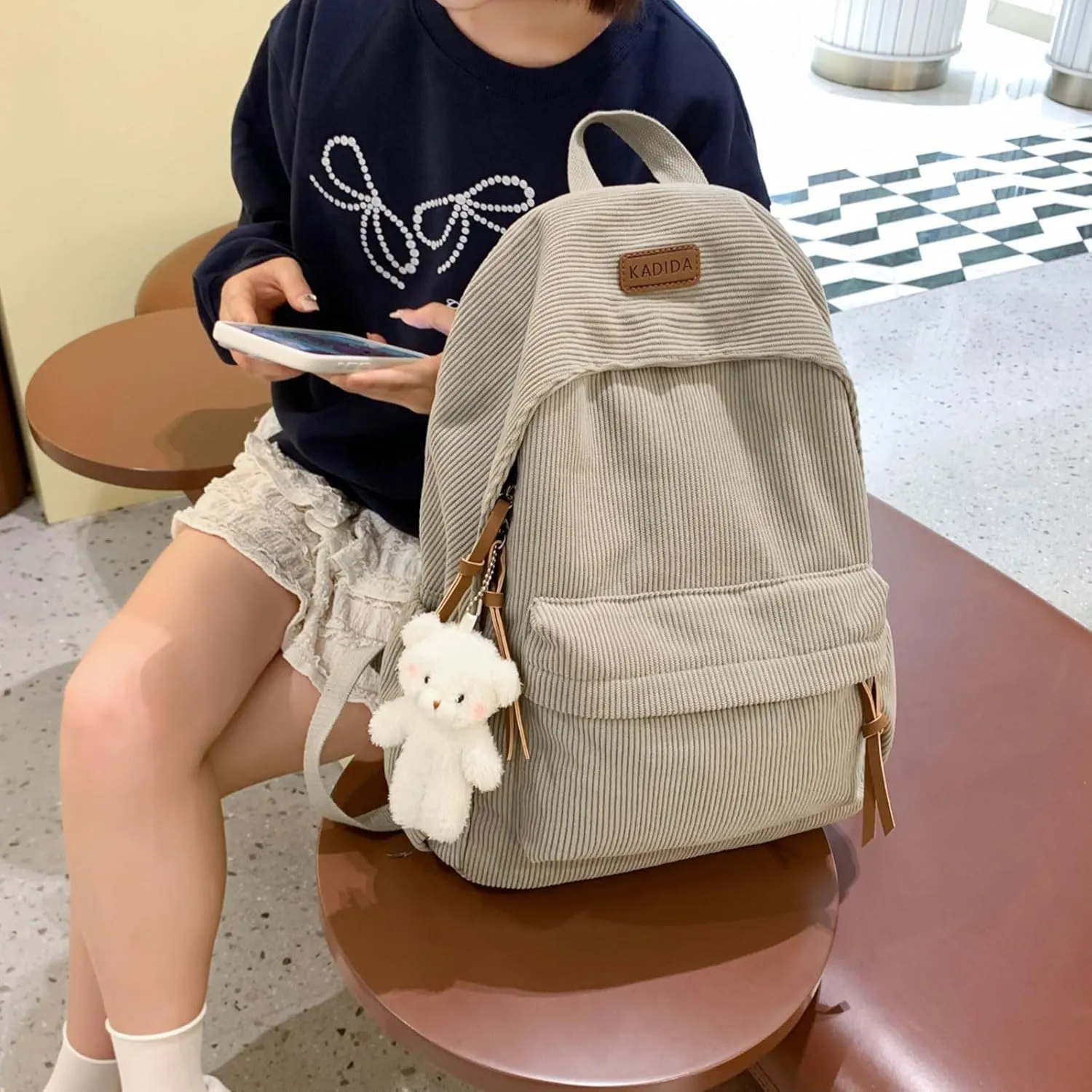 Teclado Kawaii Backpack with Cute Accessories Corduroy Casual Bookbags with Pendants Lightweight Laptop Bag Travel Daypacks (Grey)