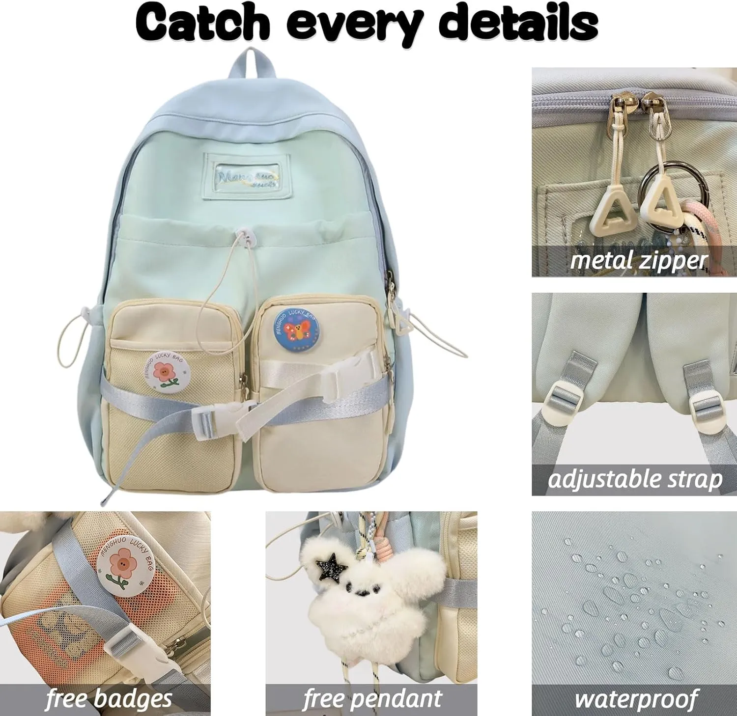 Teclado Kawaii Backpack with Cute Accessories Nylon Casual Bookbags with Pendants Lightweight Laptop Bag Travel Daypacks (Purple)
