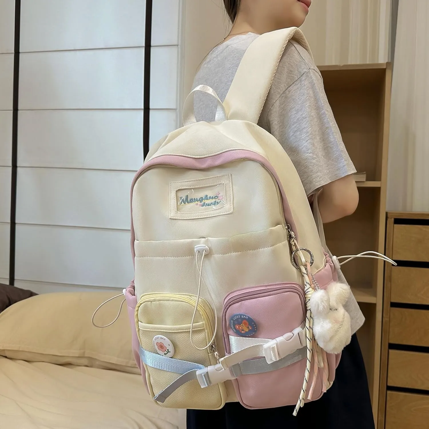 Teclado Kawaii Backpack with Cute Accessories Nylon Casual Bookbags with Pendants Lightweight Laptop Bag Travel Daypacks (Purple)