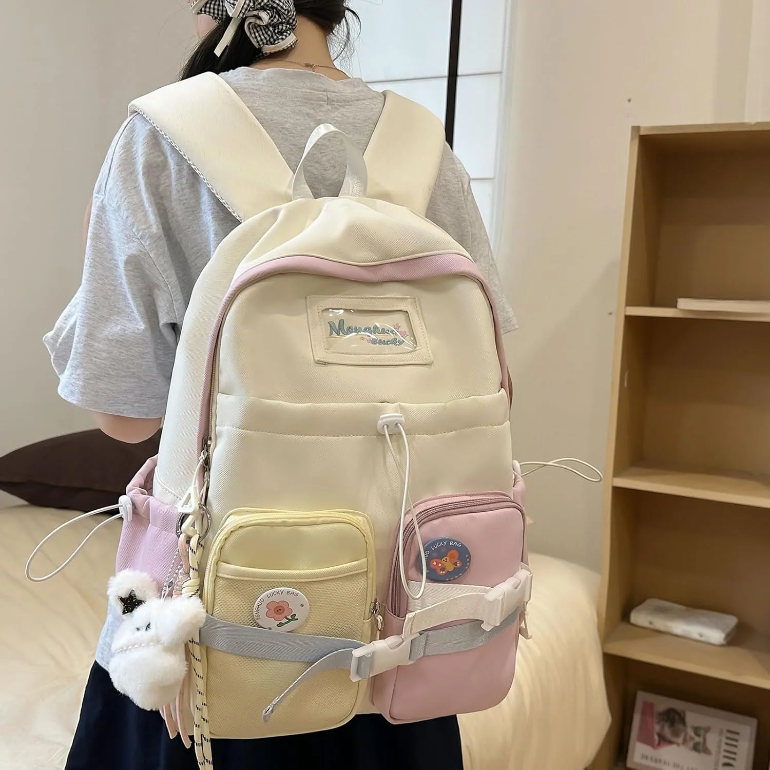 Teclado Kawaii Backpack with Cute Accessories Nylon Casual Bookbags with Pendants Lightweight Laptop Bag Travel Daypacks (Purple)